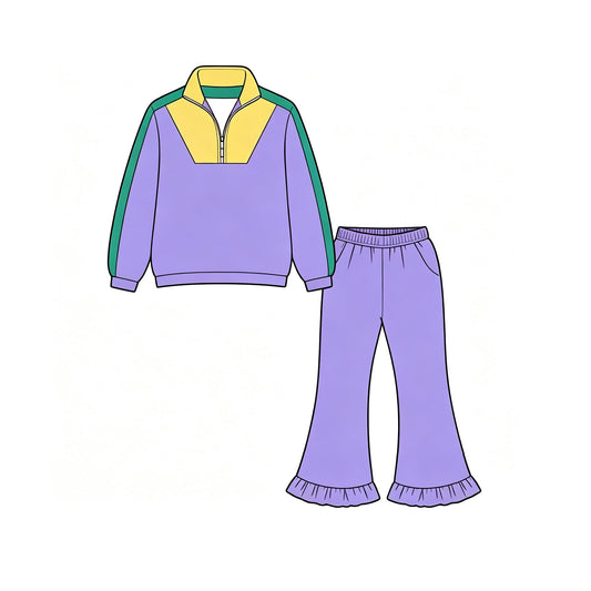 Preorder MOQ 5 pcs GLP3828 Mardi Gras Solid Color Kids Zipper Pullover Girls Set 202609