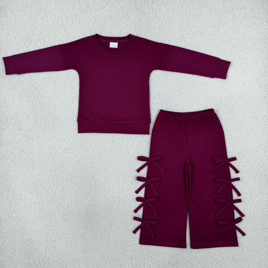 GLP3846 Solid Color Cotton Burgundy Bows Girls Set