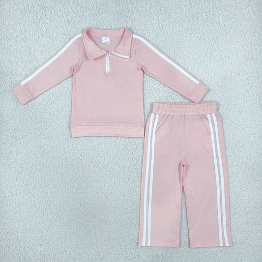 GLP3860 Solid Color Cotton Stripe Zipper Pullover Girls Set
