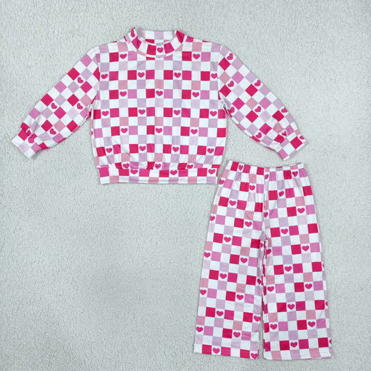 GLP3867 Valentine's Day Love Plaid Mockneck Rose Red Girls Set