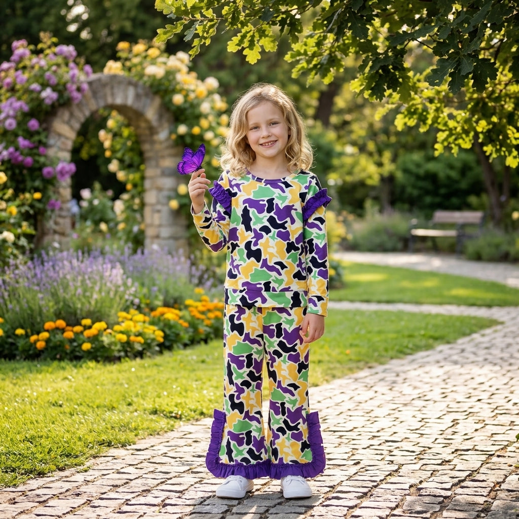 GLP3871 Mardi Gras Hunting Camo Ruffles Purple Girls Set