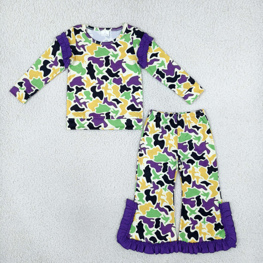 GLP3871 Mardi Gras Hunting Camo Ruffles Purple Girls Set