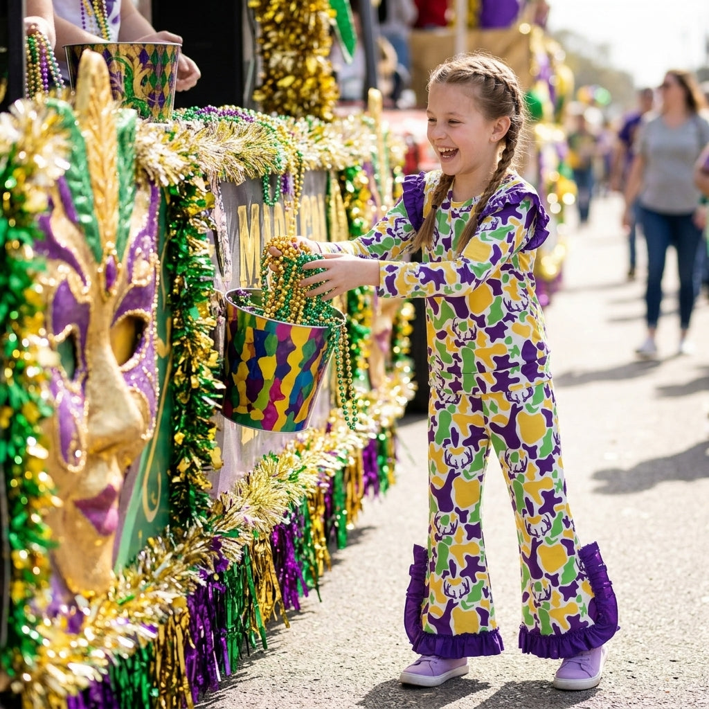 GLP3872 Mardi Gras Hunting Camo Ruffles Purple Girls Set