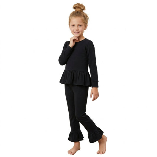GLP3885 Solid Color Black Mockneck Girls Set