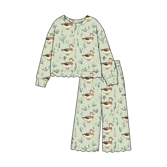 Preorder MOQ 5 pcs Each Style Mallard Ducks Light Green Girl's Jumpsuit & Scallop Edge Set Kids Matching Clothes 202609