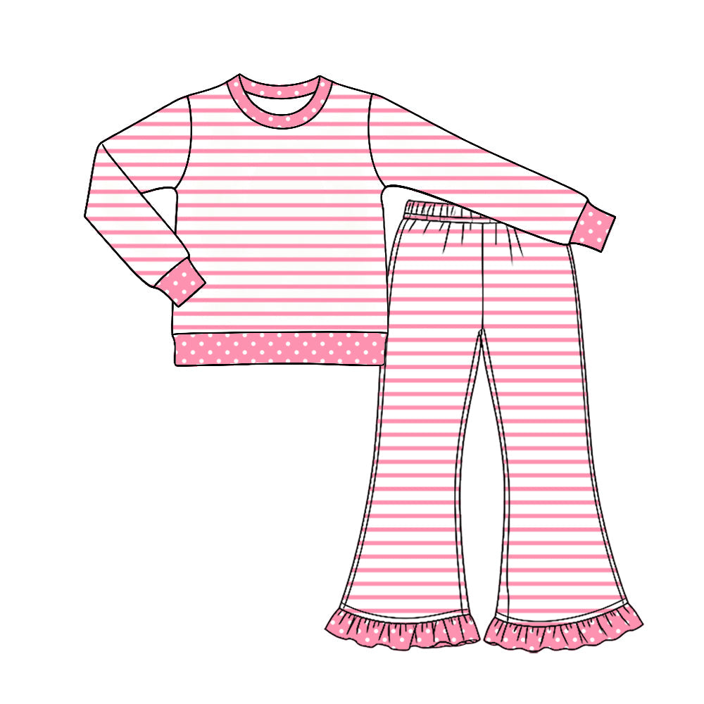 Preorder MOQ 5 pcs Each Style Stripe Dots Ruffles Girls Set Kids Matching Clothes
