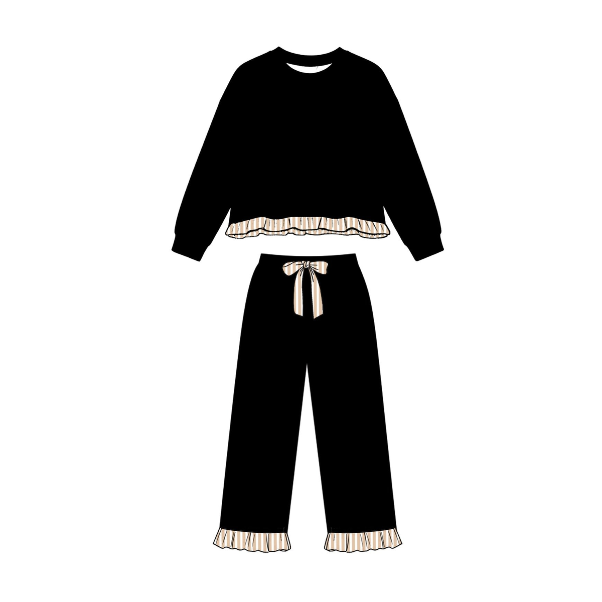 Preorder MOQ 5 pcs GLP3936 Beige Stripe Ruffles Black Girls Set