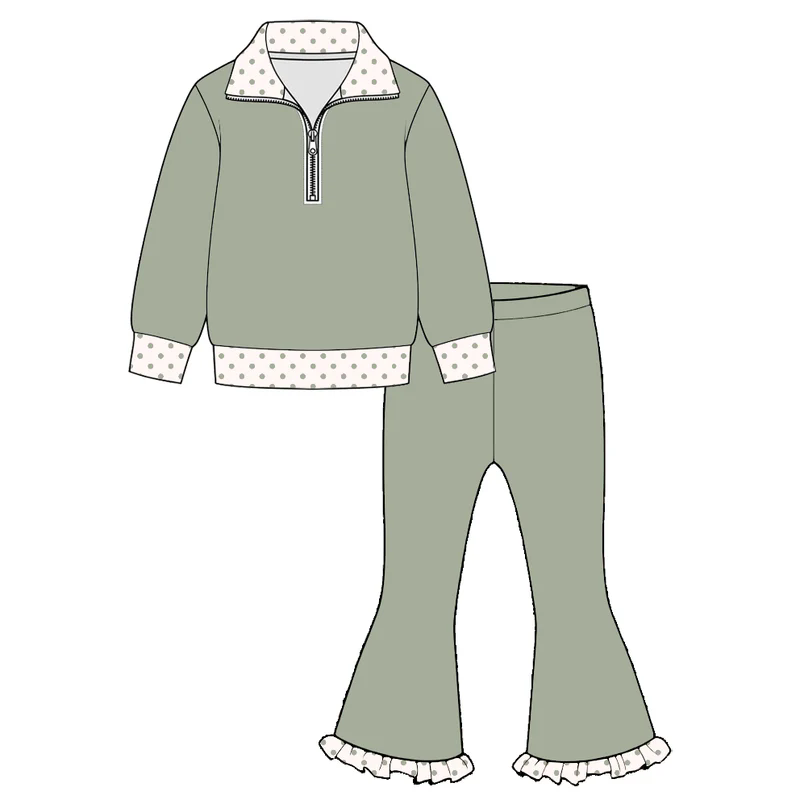 Preorder MOQ 5 pcs Each Style Polo Pullover Ruffle Flared Pants Girls Set Kids Matching Clothes