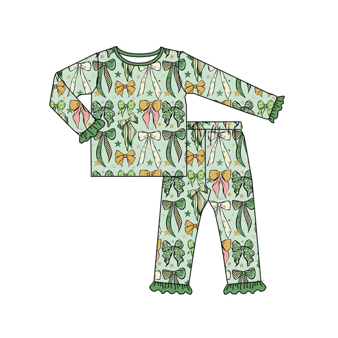 Preorder MOQ 5 pcs Each Style Saint Patrick Leaves Bows Green Kids Matching Clothes
