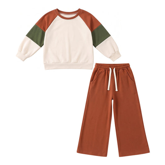 Preorder MOQ 5 pcs GLP3977 Solid Color Brown Green Beige Cotton Girls Set