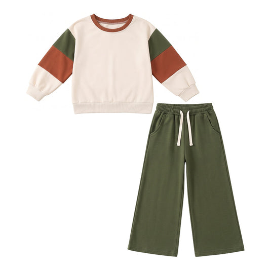 Preorder MOQ 5 pcs GLP3978 Solid Color Green Brown Beige Cotton Girls Set