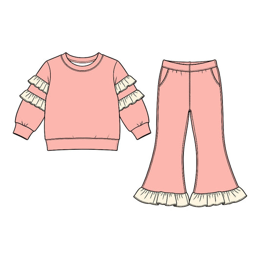 Preorder MOQ 5 pcs GLP3980 Solid Color Ruffles Pink Girls Set