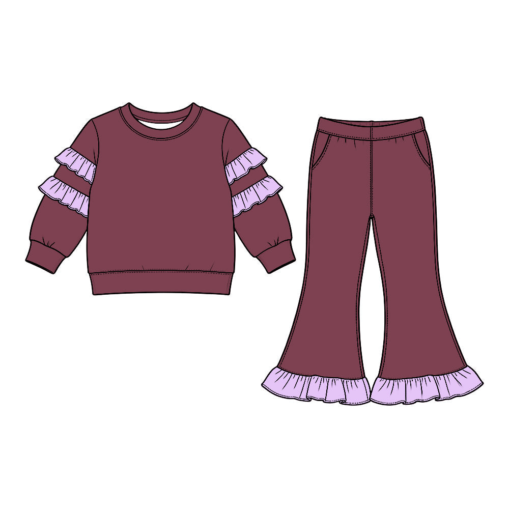 Preorder MOQ 5 pcs GLP3983 Solid Color Ruffles Purple Red Girls Set