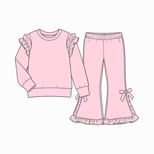 Preorder MOQ 5 pcs GLP3985 Solid Color Pink Ruffles Bows Girls Set