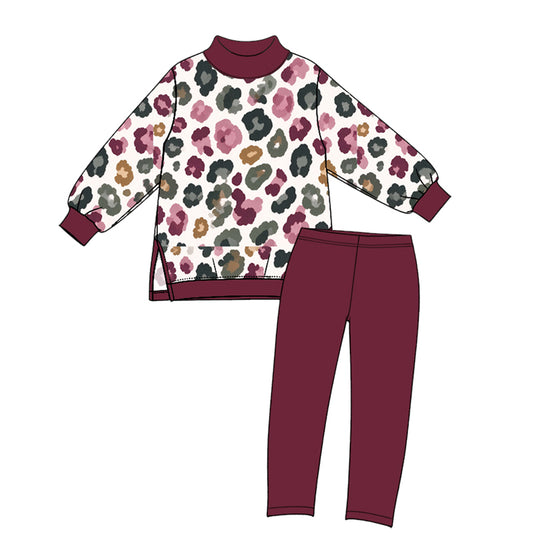 Preorder MOQ 5 pcs GLP3991 Leopard Dark Red Yoga Girls Set