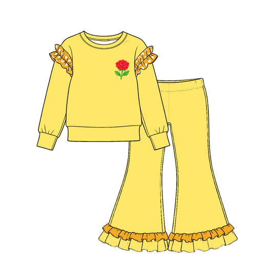 Preorder MOQ 5 pcs GLP4046 Rose Pattern Solid Color Cotton Ruffles Yellow Girls Set