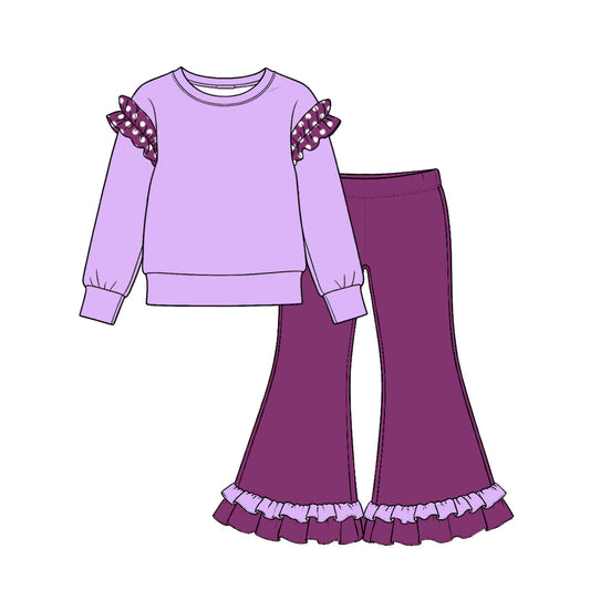 Preorder MOQ 5 pcs GLP4058 Solid Color Cotton Ruffles Purple Girls Set