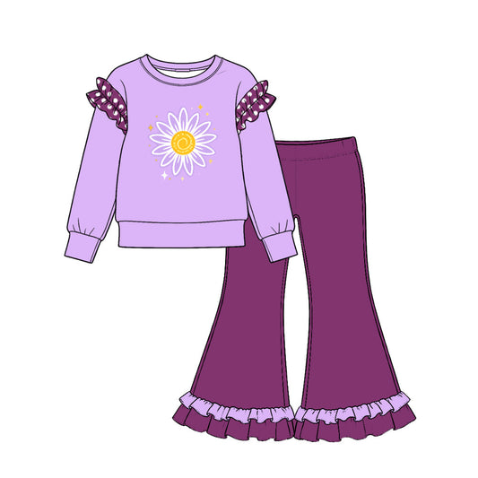 Preorder MOQ 5 pcs GLP4063 Flower Pattern Solid Color Cotton Ruffles Purple Girls Set