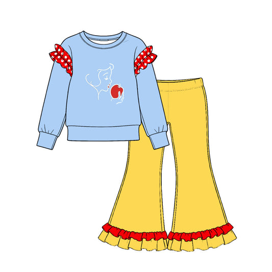 Preorder MOQ 5 pcs GLP4064 Cartoon Apple Pattern Solid Color Cotton Ruffles Blue Red Girls Set