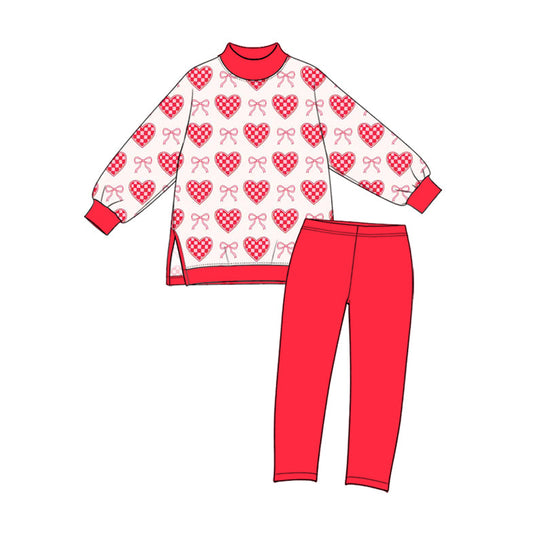 Preorder MOQ 5 pcs GLP4074 Valentine's Day Plaid Love Bows Red Mockneck Yoga Girls Set