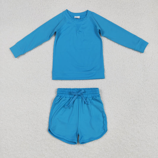 GLS0005 Kids Yoga Set Pure Blue Long Sleeve Shorts Sets Girls Boutique Outfits 202505 RTS