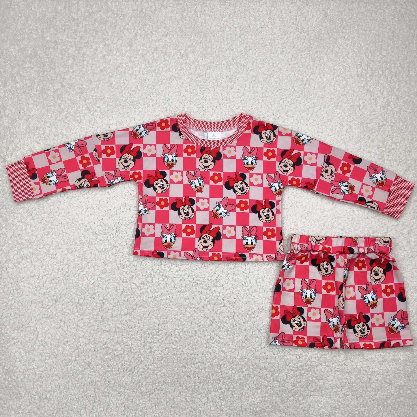 GLS0010 Minnie Daisy cartoon pattern flower plaid long sleeve top shorts sets girls boutique outfits 202504 RTS