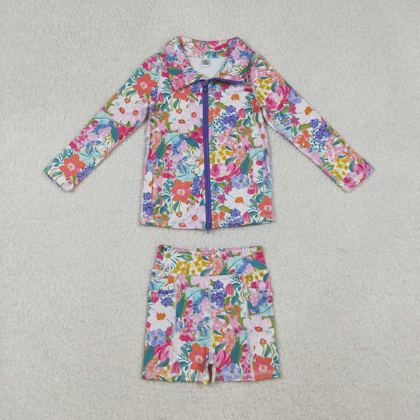 GLS0012 Girls Boutique Yoga Sets Rose Red Flower Stand-Up Zippy Long Sleeve Shorts 202509 RTS