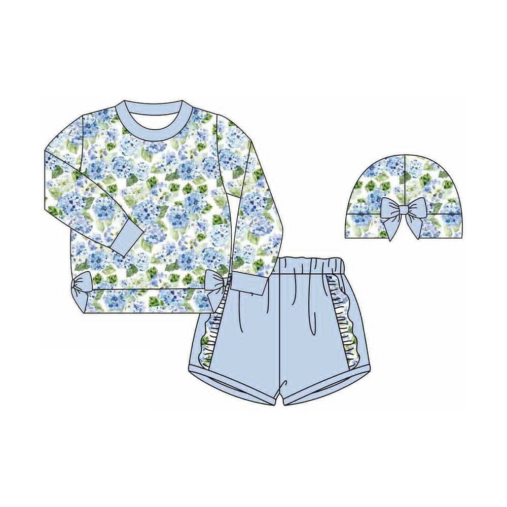 MOQ 8 preorder GLS0013 Flower Bows Ruffle Long-Sleeved Blue Shorts Girls Set 202509