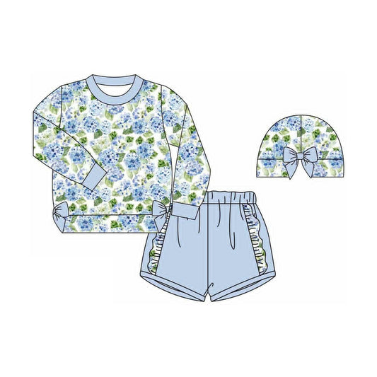MOQ 8 preorder GLS0013 Flower Bows Ruffle Long-Sleeved Blue Shorts Girls Set 202509
