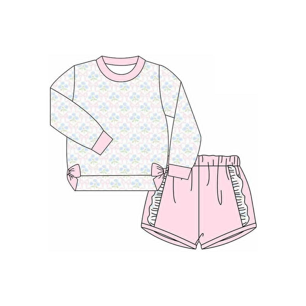 MOQ 8 preorder GLS0014 Flower Bows Ruffle Pink Long-Sleeved Shorts Girls Set 202509