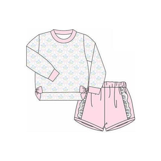 MOQ 8 preorder GLS0014 Flower Bows Ruffle Pink Long-Sleeved Shorts Girls Set 202509
