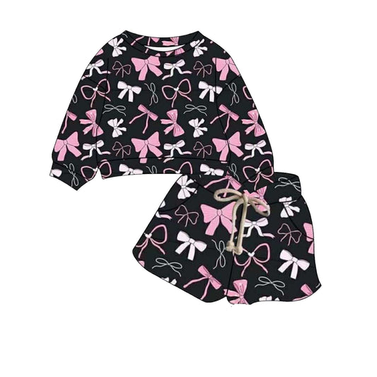 MOQ 8 preorder GLS0015 Bows Black Long-Sleeved Shorts Girls Set 202509