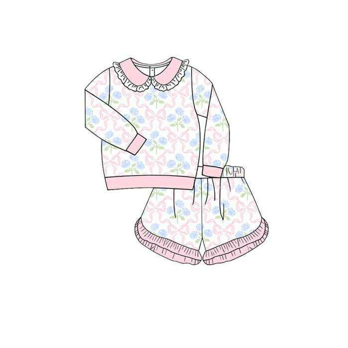 MOQ 5 preorder GLS0037 Flower Pink Bows Ruffle Doll Collar Long-Sleeved Shorts Girls Set 202510