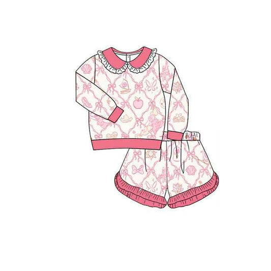 MOQ 5 preorder GLS0038 Apple Bows Rose Red Ruffle Doll Collar Long-Sleeved Shorts Girls Set 202510