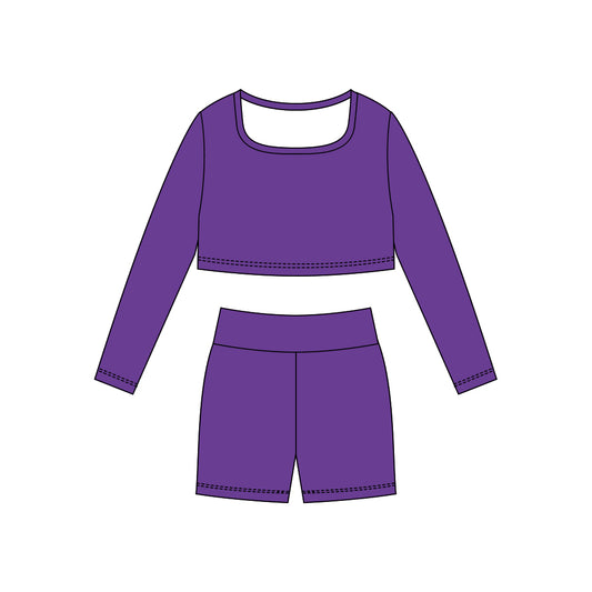 MOQ 5 Preorder GLS0040 Solid Purple Yoga Long Sleeve Shorts Girls Set 202510