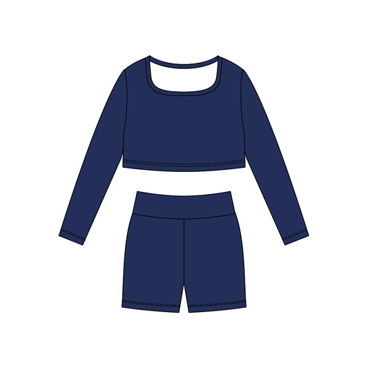 MOQ 5 Preorder GLS0042 Solid Navy Yoga Long Sleeve Shorts Girls Set 202510