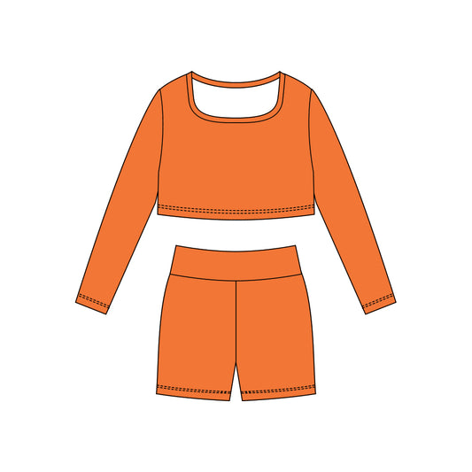 MOQ 5 Preorder GLS0043 Solid Orange Yoga Long Sleeve Shorts Girls Set 202510