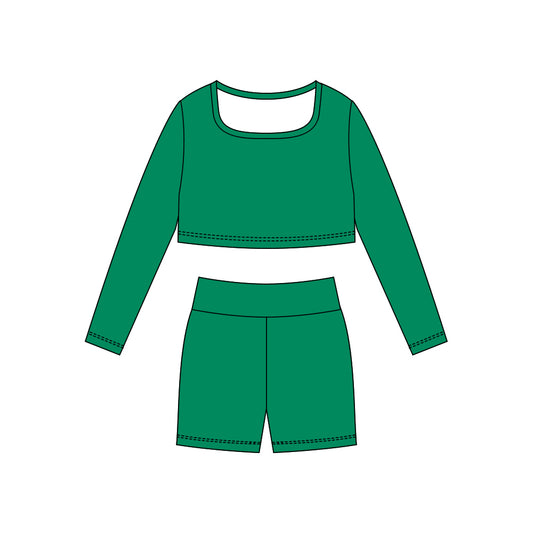 MOQ 5 Preorder GLS0044 Solid Green Yoga Long Sleeve Shorts Girls Set 202510