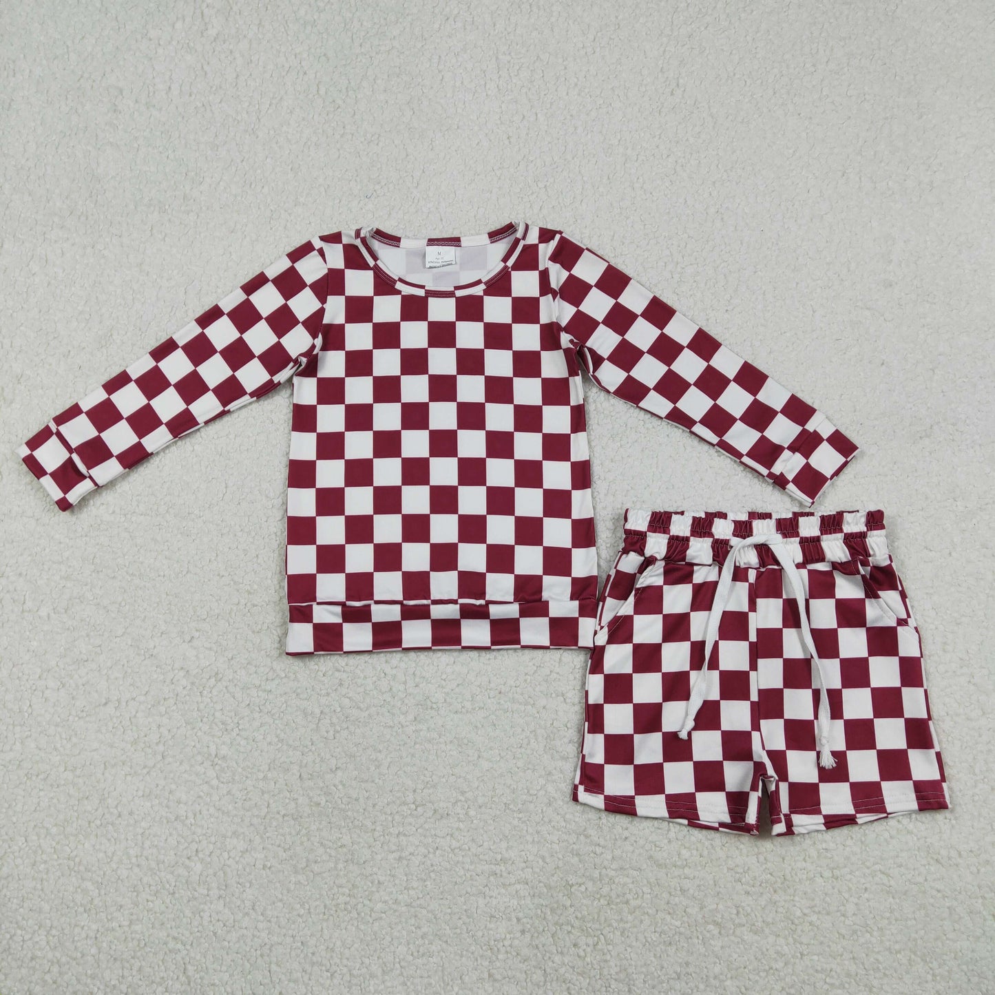 GLS0053 Dark Red Plaid Long-Sleeve Shorts Girls Set 202512 RTS