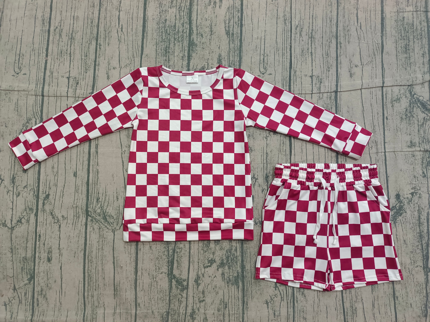NO MOQ preorder GLS0053 Dark Red Plaid Long-Sleeve Shorts Girls Set 202510