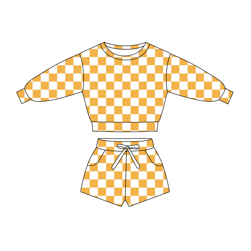 MOQ 5 preorder GLS0057 Yellow Plaid Long-Sleeve Shorts Girls Set 202510