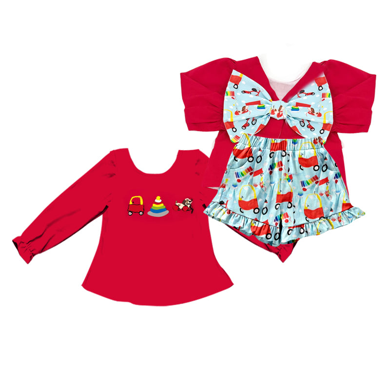 MOQ 5 PCS preorder GLS0059 Puppy Car Bow Red Long-Sleeved Blue Shorts Girls Set 202511