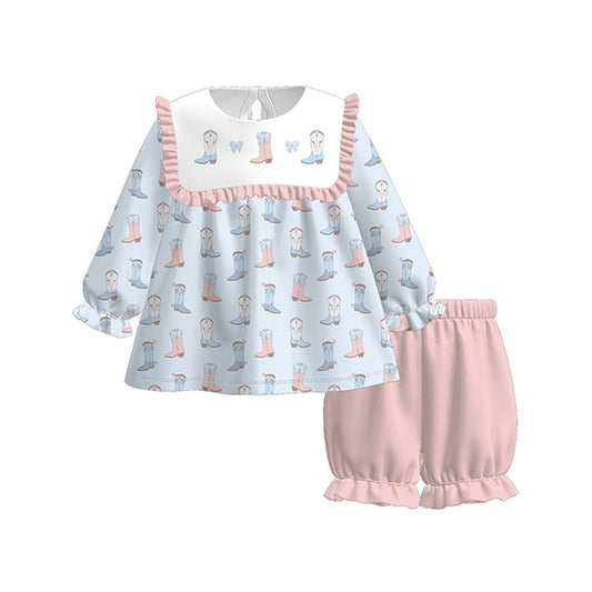 MOQ 5 PCS preorder GLS0060 Boots Bow Pink Ruffle Blue Long-Sleeved Shorts Girls Set 202511