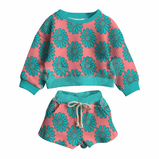 MOQ 5 PCS preorder GLS0065 Blue Green Gemstone Pink Long-Sleeved Shorts Girls Set 202511