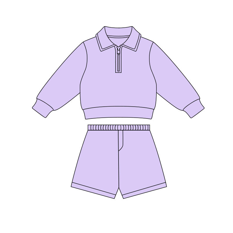MOQ 5 Preorder GLS0068 Solid Light Purple Zip Collar Long Sleeve Shorts Girls Yoga Sets 202511