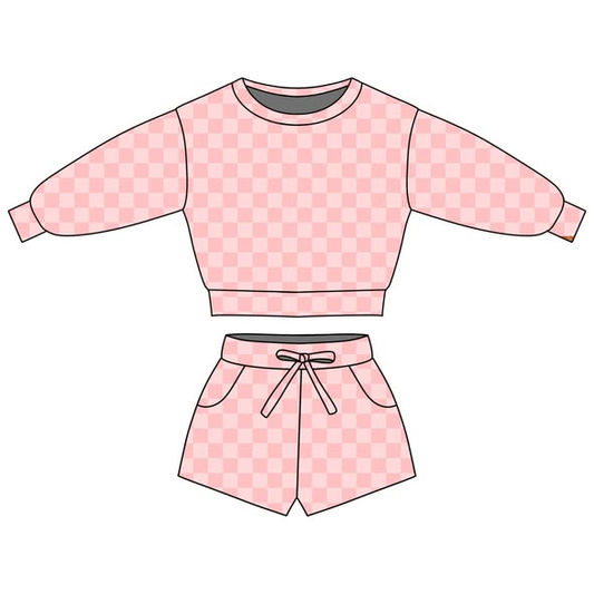 MOQ 5 Preorder GLS0073 Pink Plaid Long Sleeve Shorts Girls Sets 202511