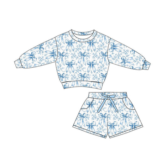MOQ 5 Preorder GLS0076 Bows Flower Blue White Long Sleeve Shorts Girls Sets 202511