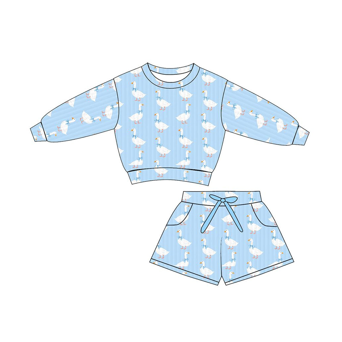 MOQ 5 Preorder GLS0077 Duck Bows Blue Stripe Long Sleeve Shorts Girls Sets 202511