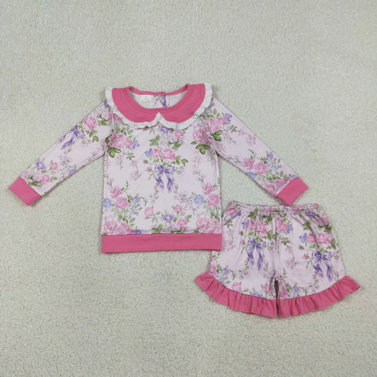 GLS0082 Flower Leaf Rose Red Doll Collar Long Sleeve Shorts Girls Sets 20260119 RTS
