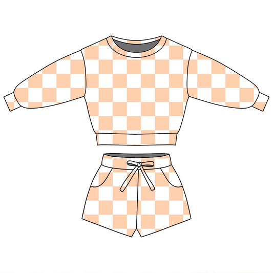 MOQ 5 PCS Preorder GLS0083 Orange Plaid Long Sleeve Shorts Girls Sets 202601